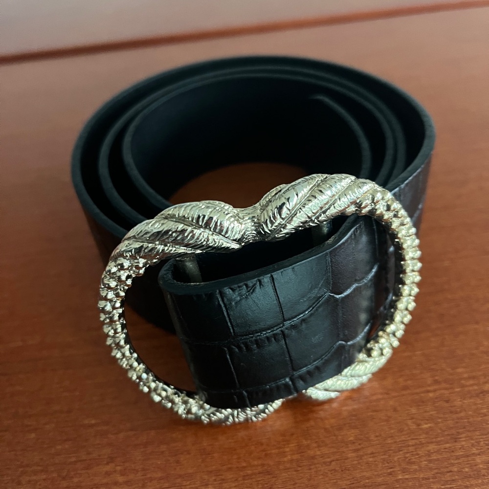 Sezane Artemis Belt Black Croc-Embossed Belt with Braided Buckle